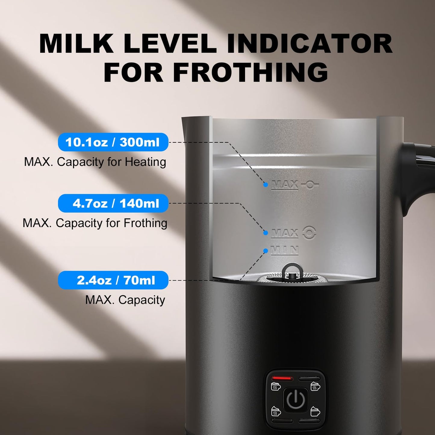 LONGDEEM Espumador de Leche Eléctrico 4 en 1, Negro, Acero Inoxidable, 300 ml, Apagado Automático