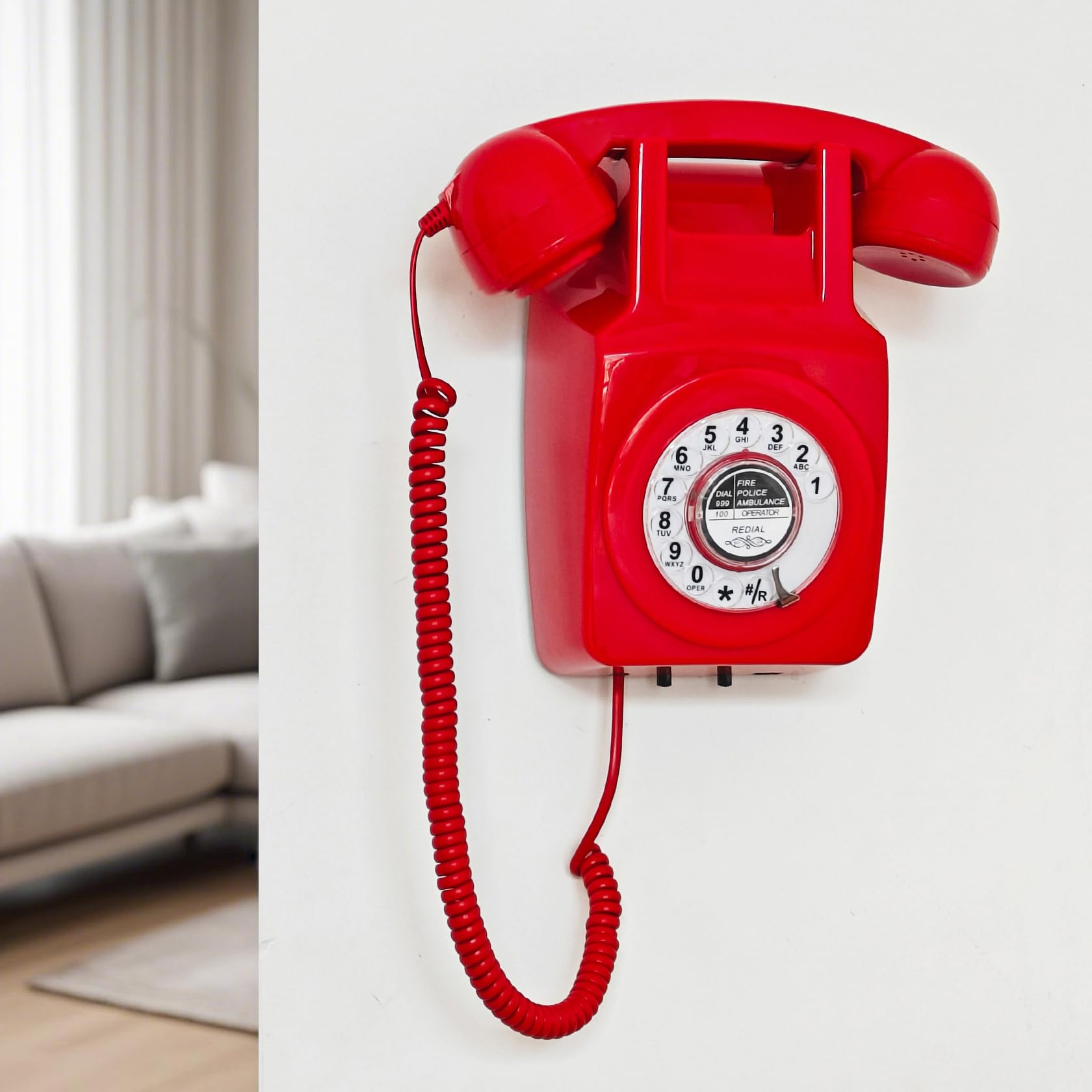 Teléfono de pared con cable con revisión, teléfono fijo retro rojo, teléfono de pared antiguo con remarcado para hogar, oficina, hotel, escuela, juego de teléfono con esfera giratoria clásico