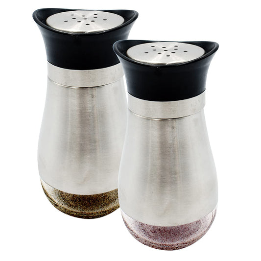 Par de Saleros Top Choice Acero Inoxidable Plateado con Base de Cristal Rellenable