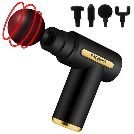 Raganet, Pistola Masajeadora con 4 Cabezas, Maquina Masajeadora de 6 Velocidades, Masaje Profesional Para Musculos, Ligamentos y Tejidos, Pistola Portatil, Carga USB (Color Negro)