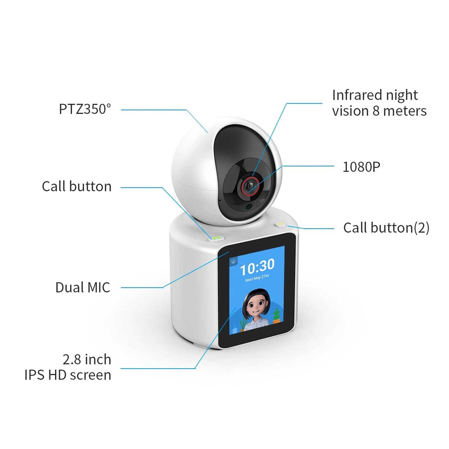 Cámara Interior para Personas Mayores, Pantalla de 2,8 Pulgadas, Monitor de bebé con Micrófono Dual, Cámara de Seguridad Inteligente para el Hogar, Despertador por Voz,