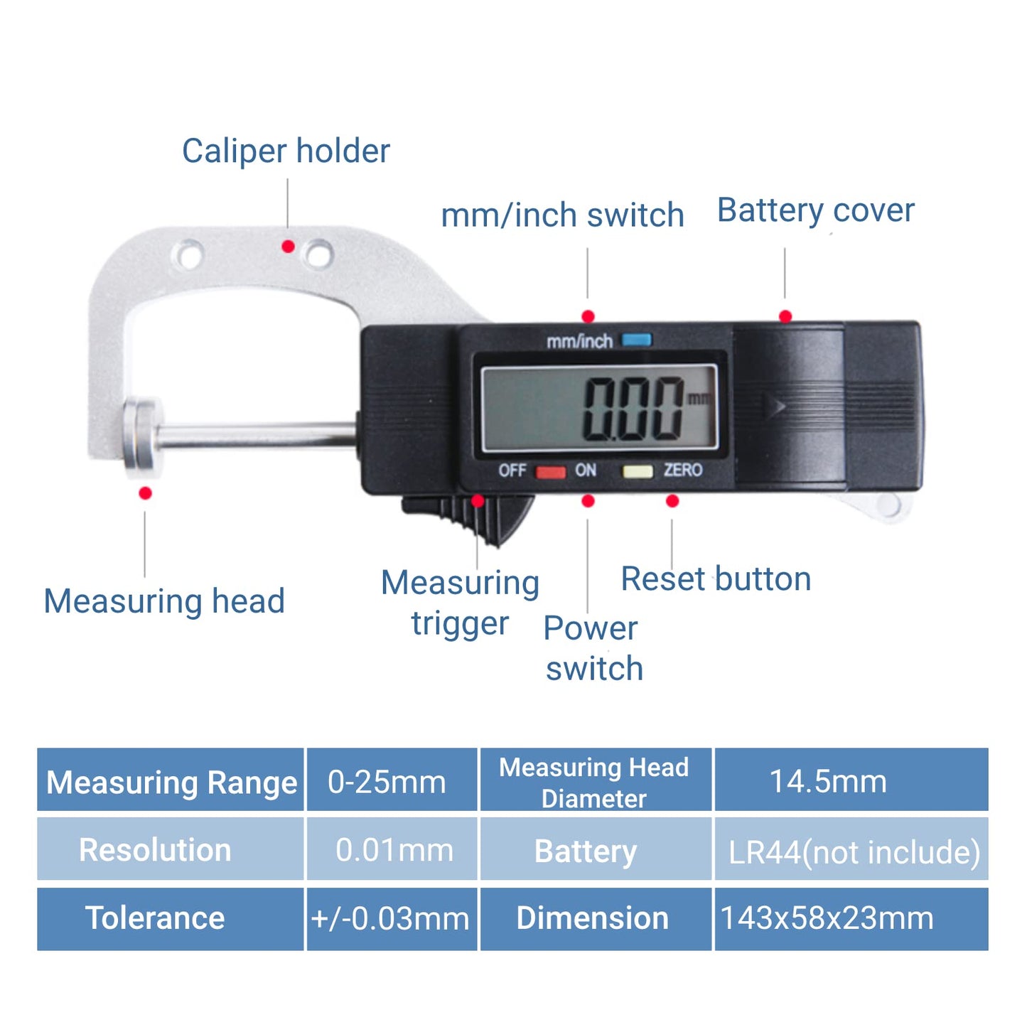 Medidor de Espesor Digital Horizontal con Pantalla LCD 0-25mm Micrómetro Calibre Portátil