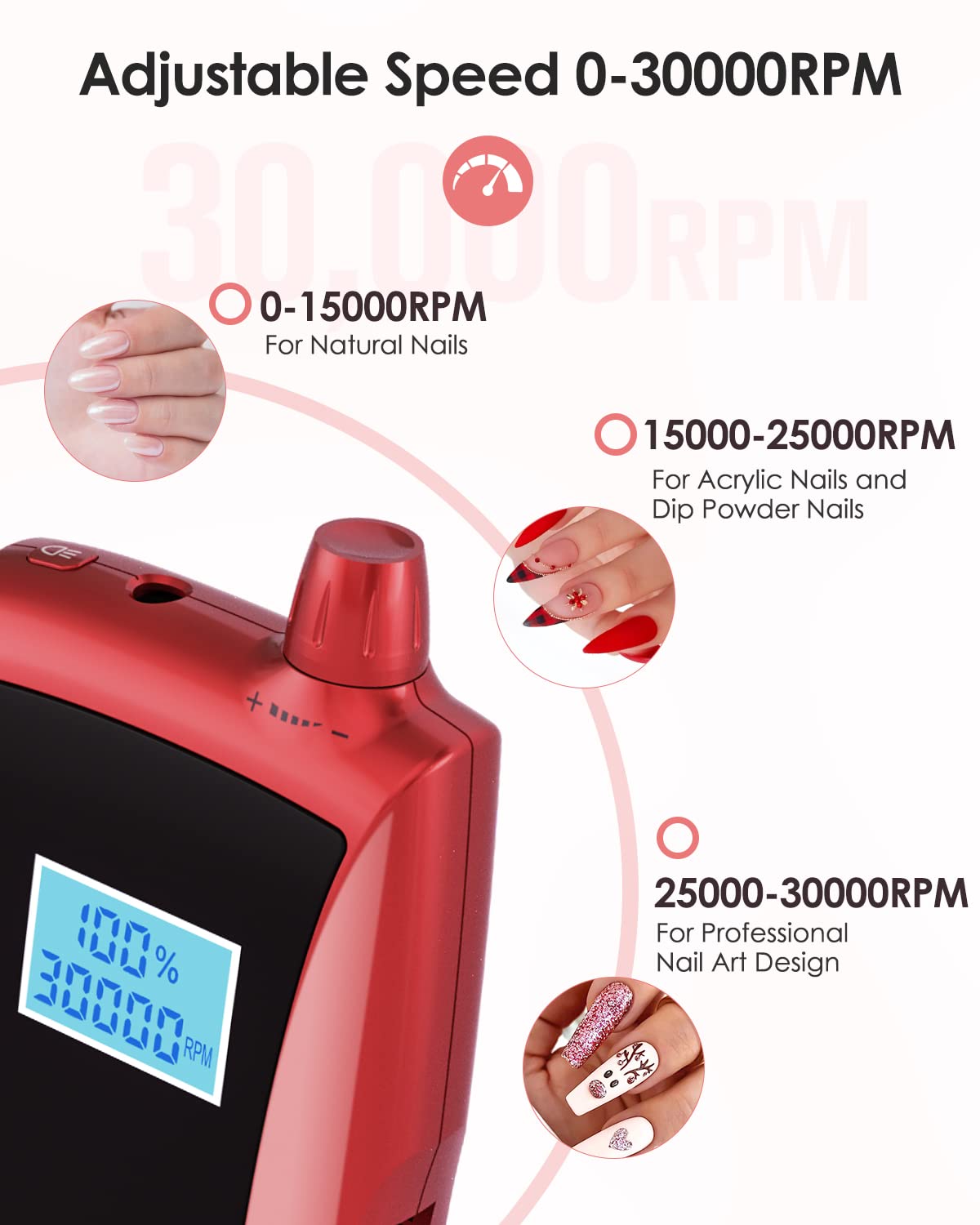 Máquina de Taladro de Uñas Beloving Recargable Eléctrica 30000 RPM con Visualización de Velocidad para Manicura y Pedicura en Salón
