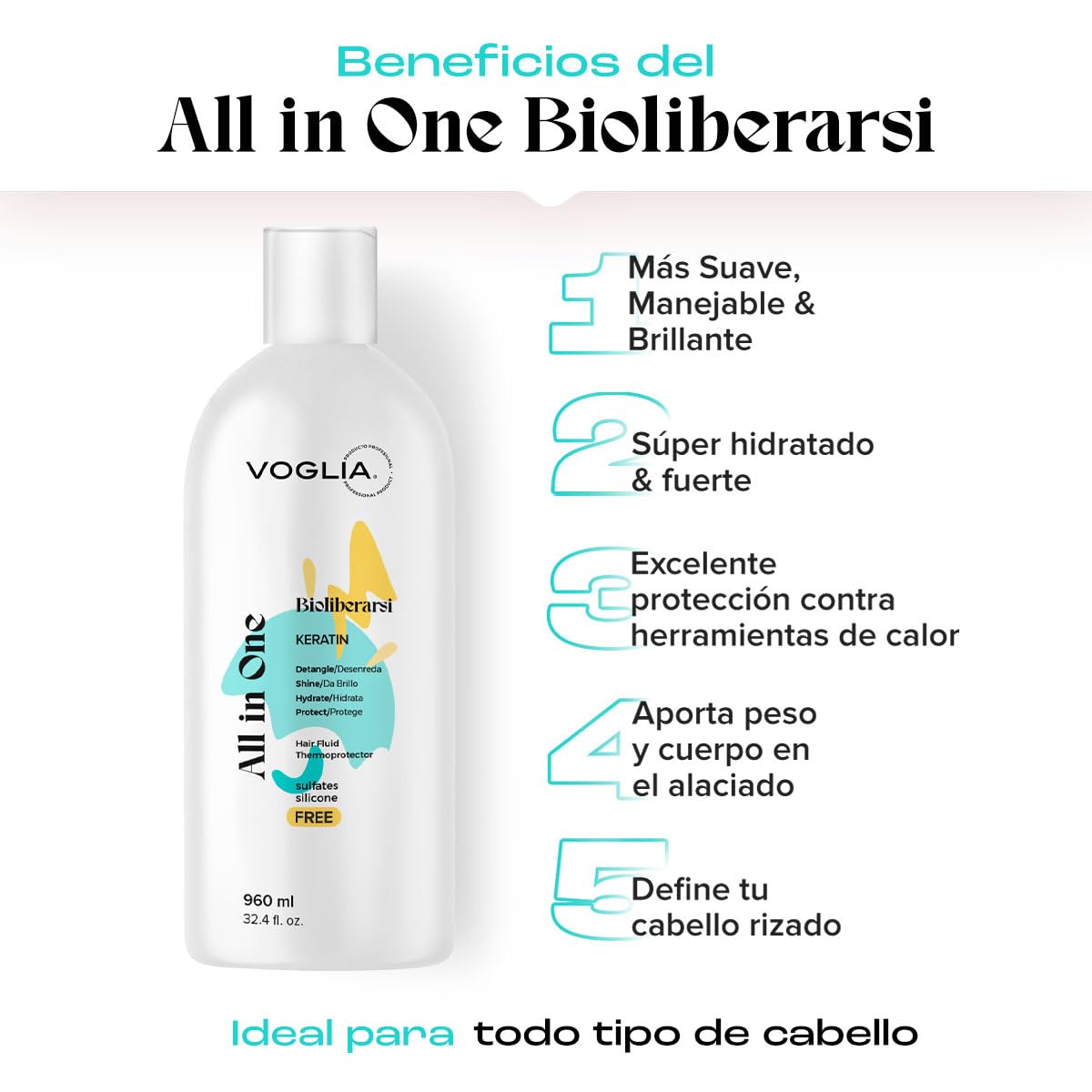 Voglia Termoprotector Capilar Bio-Liberarsi 960ml Gel base agua que protege tu cabello. Eliminador de frizz sin sensación grasosa. Resalta forma natural del cabello controlando el volumen. Genial para cabello con ondas y rizos.