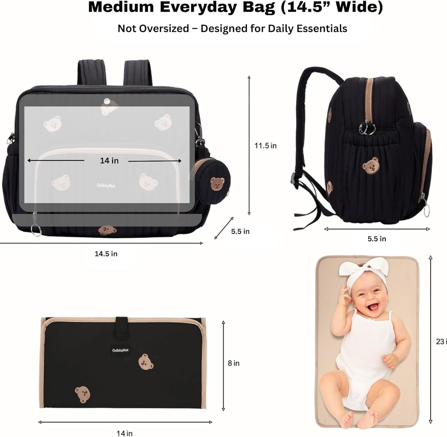 GOBABYMART - Mochila para pañales con cambiador, bolsa de viaje para bebé, bolsillos aislados para botellas, correas para carriola (medianas, osos negros)