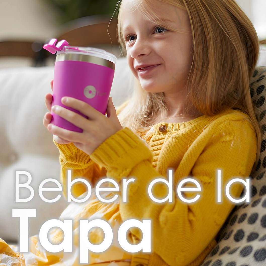 PopYum Vasos Térmicos de Acero Inoxidable de 9 onzas con tapa y popote, Paquete de 2, anti derrame, apilables, para bebés y niños pequeños, de triple pared y sin BPA. Naranja y Azul.