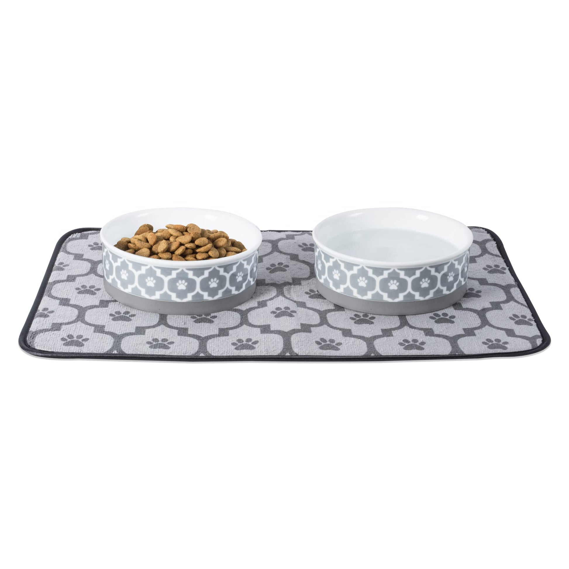 DII Bone Dry Lattice Ceramic Medium Pet Bowl For Food & Water, 6" Dia x 2"H Set of 2, With Non-Skid Silicone Rim for Dogs and Cats-Gray
