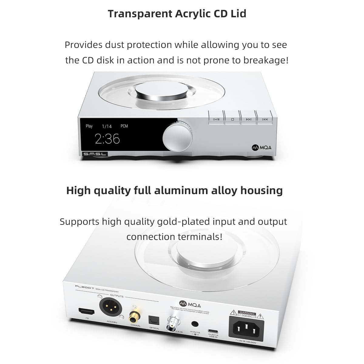 S.M.S.L PL200T MQA-CD Referencia Digital Transporte Triple Modos de Potencia, Precisión antivibración 32 bits/768 kHz DSD512 Reloj de entrada y salida 44.1 kHz/10 MHz MQA Reproductor de CD de
