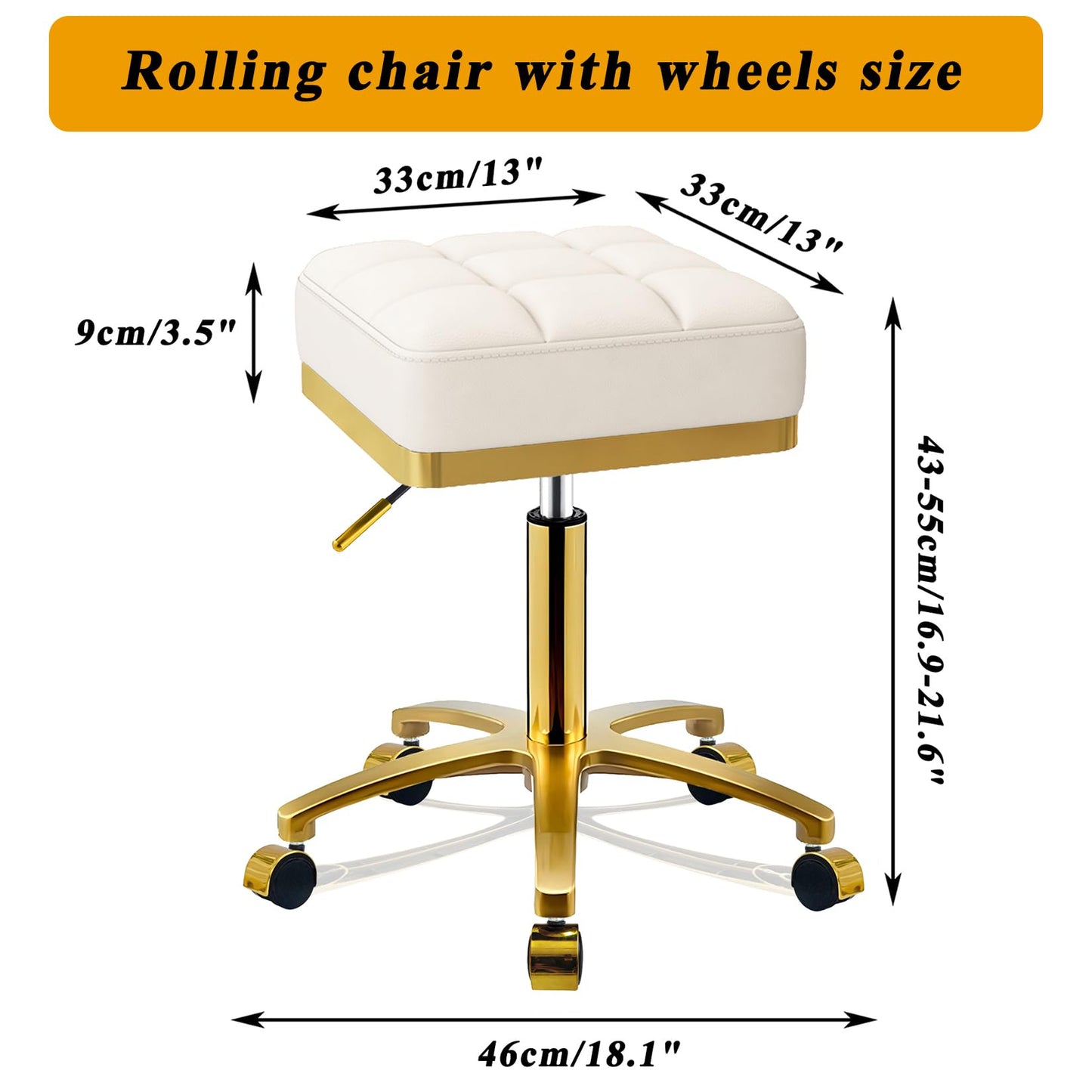 CQAEBK - Taburete giratorio cuadrado dorado ajustable con ruedas, con pestañas de cambiador, silla de rodillo de spa, masaje estético, taburete de pedicura, marco chapado en oro resistente (blanco)