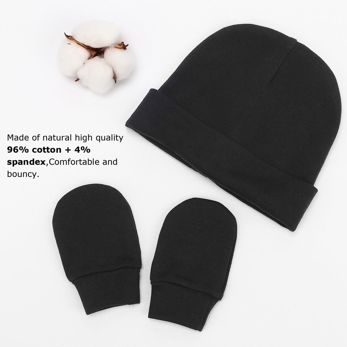 DRESHOW BQUBO Juego de Sombreros y Manoplas de Algodón para Bebé, Sin Arañazos, Gorro de Hospital Recién Nacido para Niños y Niñas, 4 Juegos