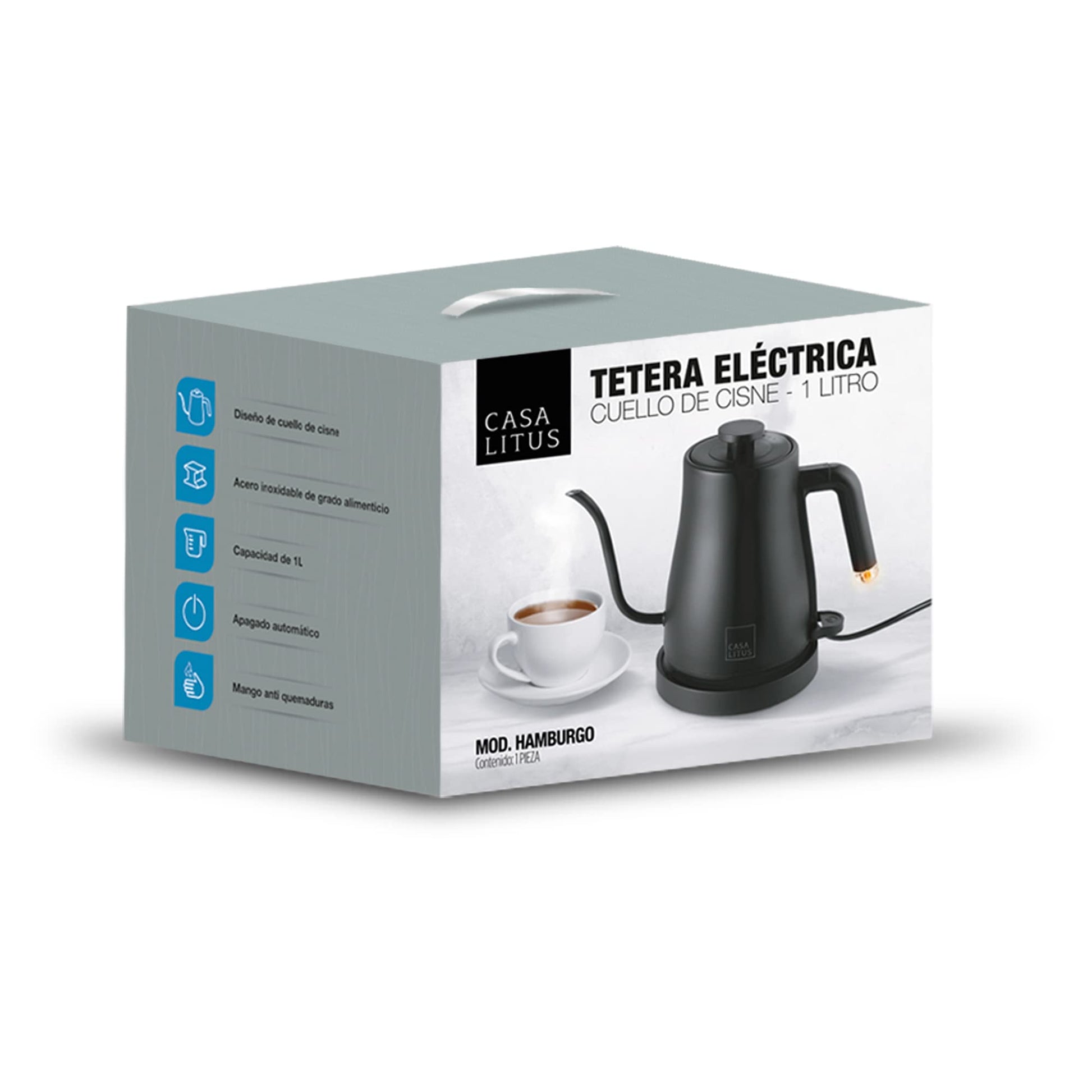 CASA LITUS Tetera Eléctrica de Acero Inoxidable con Cuello de Cisne, Hervidor de Agua Eléctrico con Apagado Automático y Tapa Hermética, Jarra para Preparar Café, Té y más, Cap. 1 Litro, Mod. Hamburgo