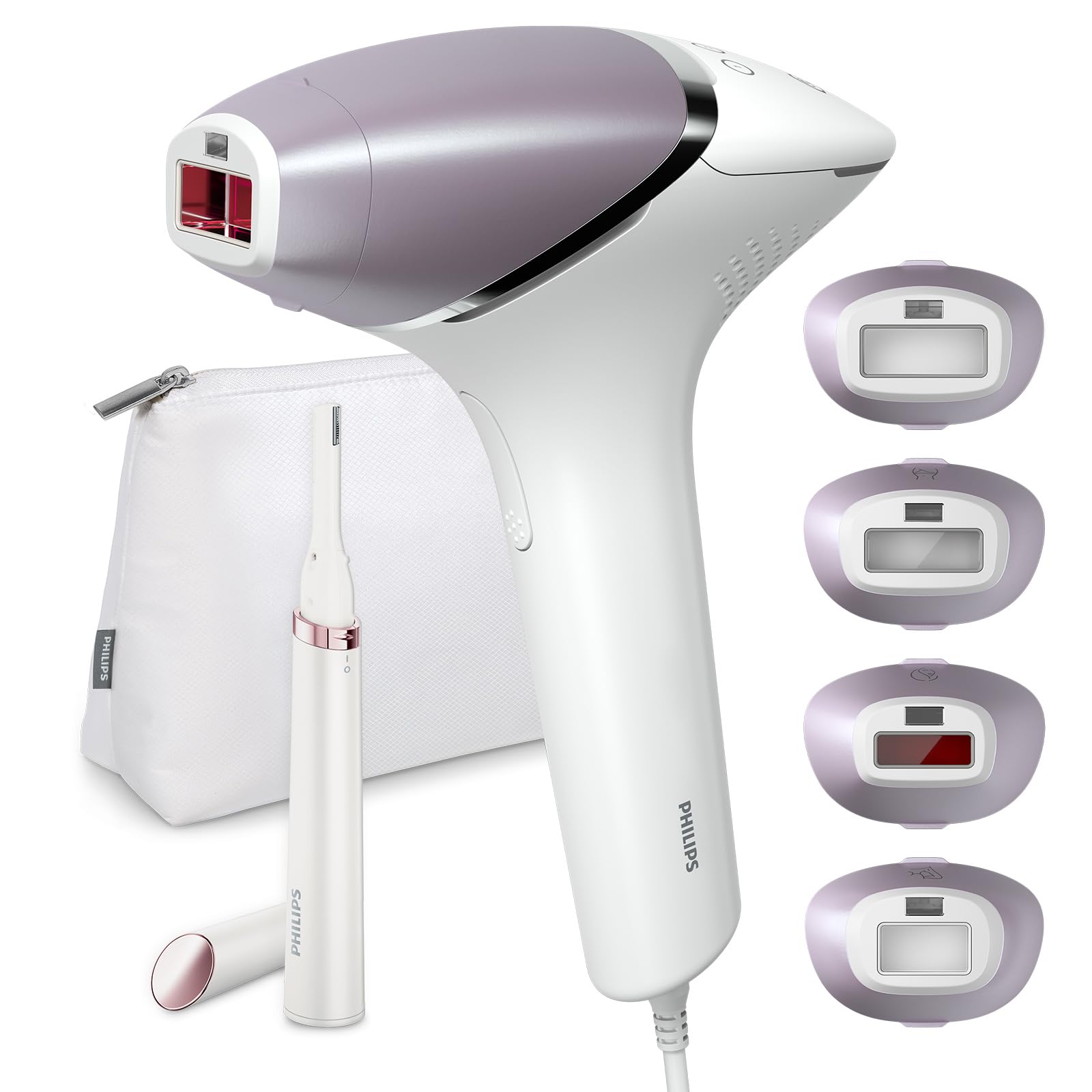 Philips Lumea Prestige Depiladora IPL, Tecnología Sense IQ, Luz Pulsada, con cable, 4 Cabezales Inteligentes (Cuerpo, Bikini, Axilas y Cara) y SmartSkin Sensor, incluye un Recortador Precisión, BRI949/50