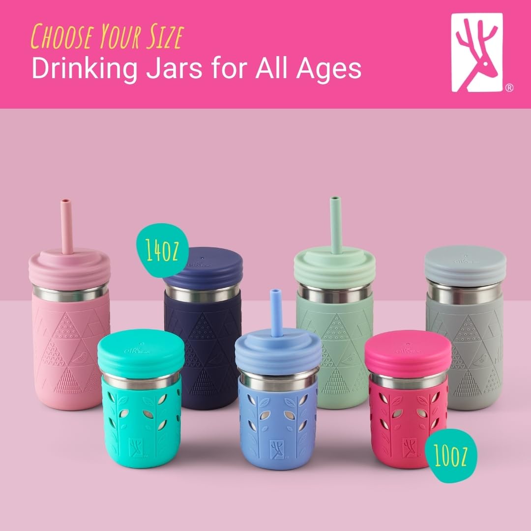 Elk and Friends Vaso para beber de acero inoxidable para niños y niñas, 400 ml, tarro de conserva original con fundas y tapa, pajitas de silicona, para batidos, frasco de almacenamiento, a prueba de