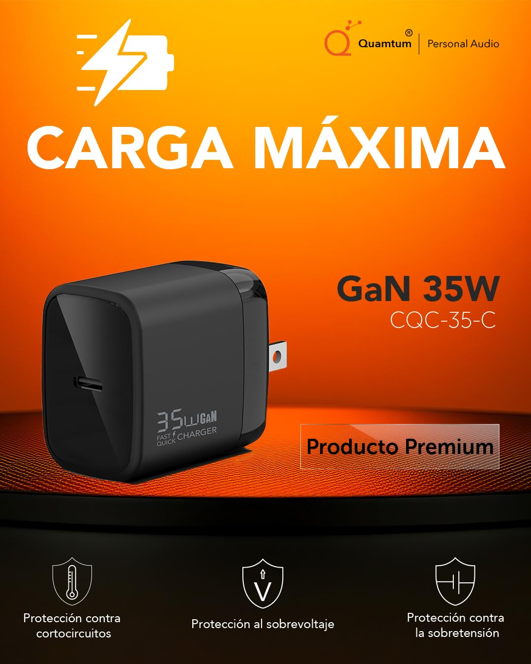 Cargador USB C QUAMTUM PERSONAL AUDIO Blanco Carga Rápida 35W para Galaxy S24/S23/S22, iPhone 16/15/14/13 Pro MAX, MacBook Air, iPad Pro