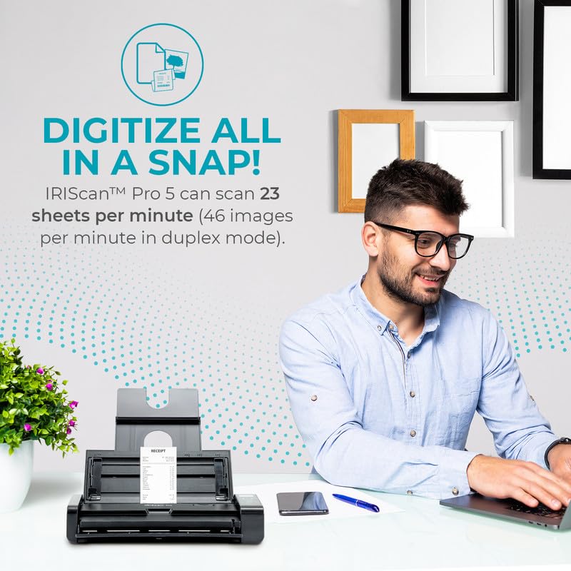 IRIScan Pro Document Scanner Duplex-v5PRO 20PPM/40IPM: Escáner de Computadora y Recibos, ADF 20, Editor de PDF Gratuito, Escanear a Word, XLS, Tarjetas de Autobús