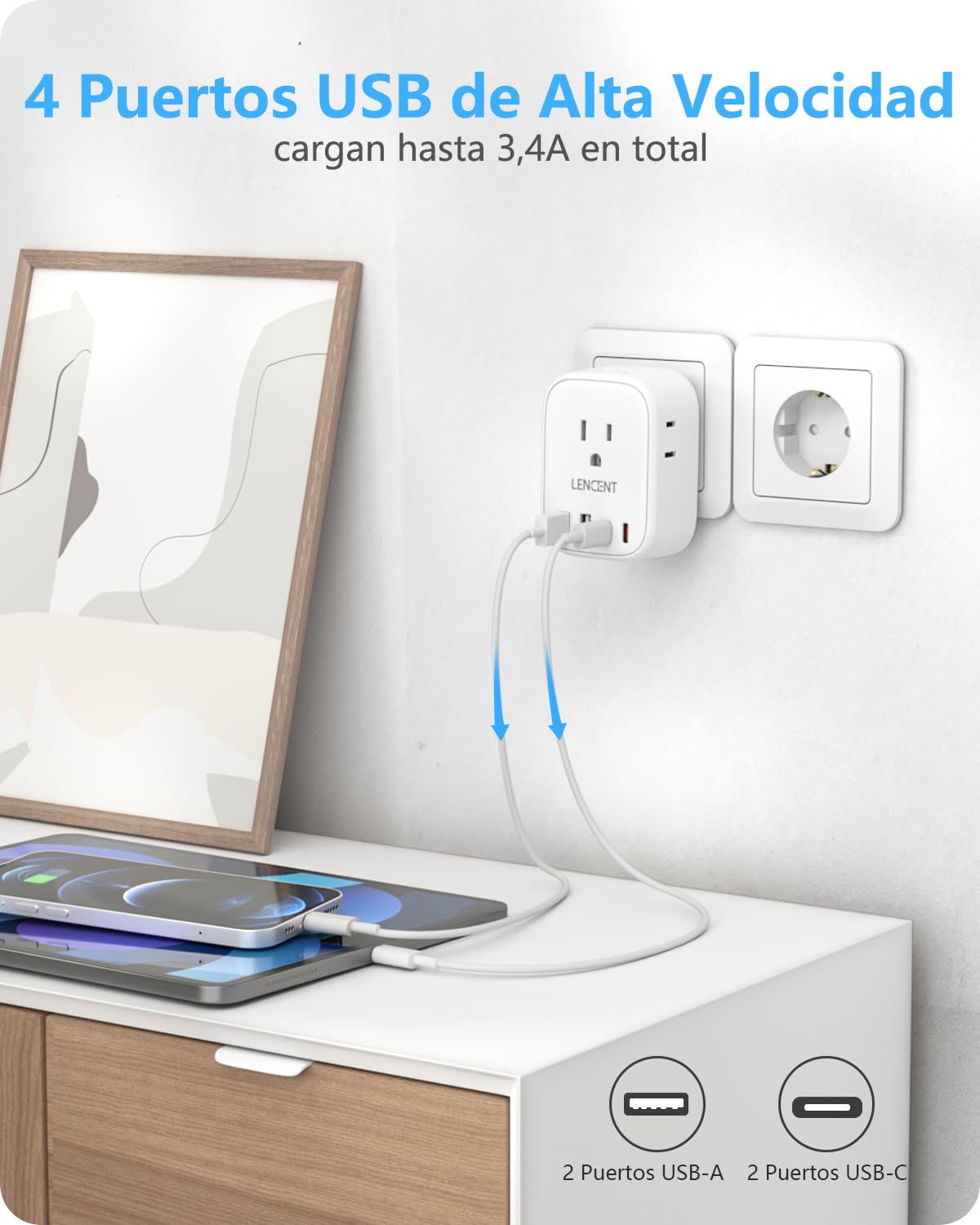 LENCENT 2X Adaptador de Enchufe de Viaje Europeo, Adaptador de Corriente para Europa, Cargador con 4 Salidas de CA&2 USB-A+2 USB-C, Adaptador para Viaje de México a Europa, Aprobado para Cruceros