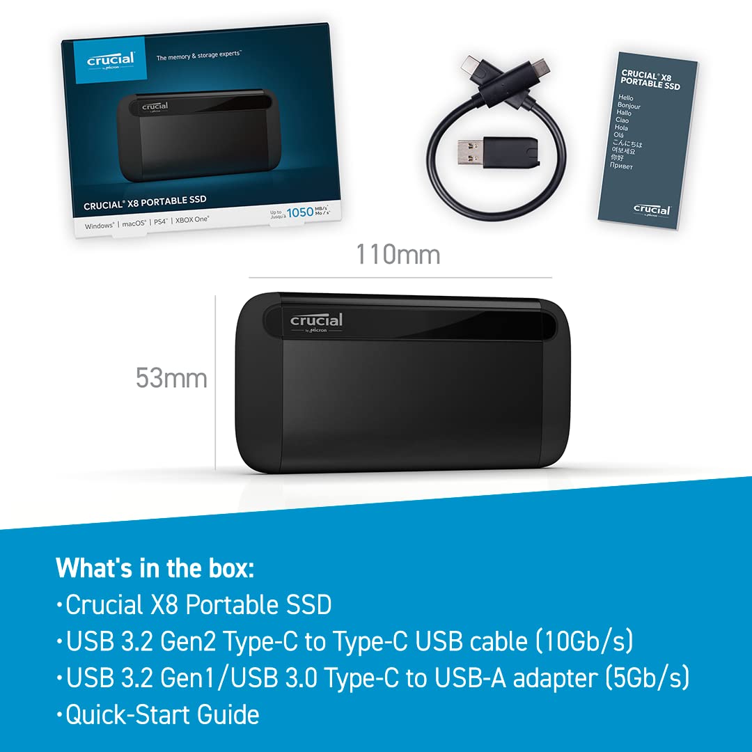 Crucial X8 SSD portátil de 2 TB – hasta 1050 MB/s – PC y Mac – USB 3.2 Unidad de Estado sólido Externa – CT2000X8SSD9