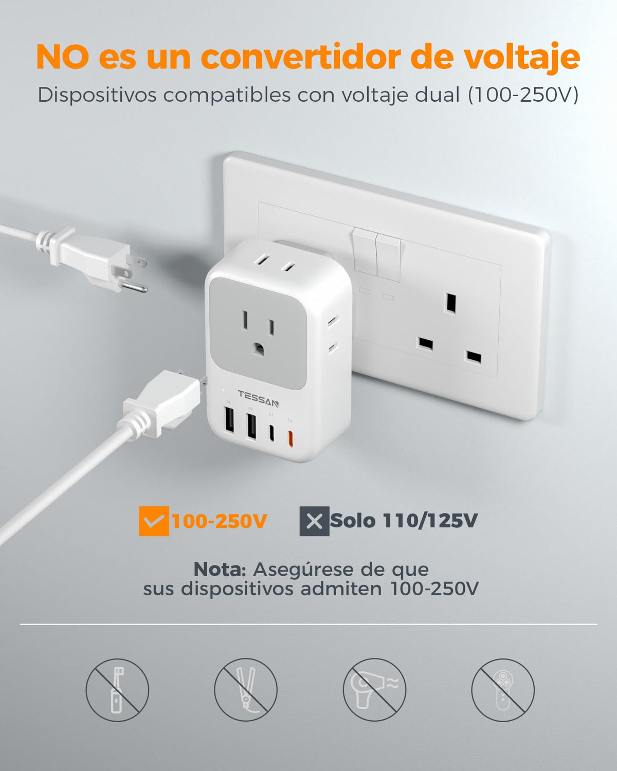Adaptador de Viaje TESSAN UK Enchufe Reino Unido