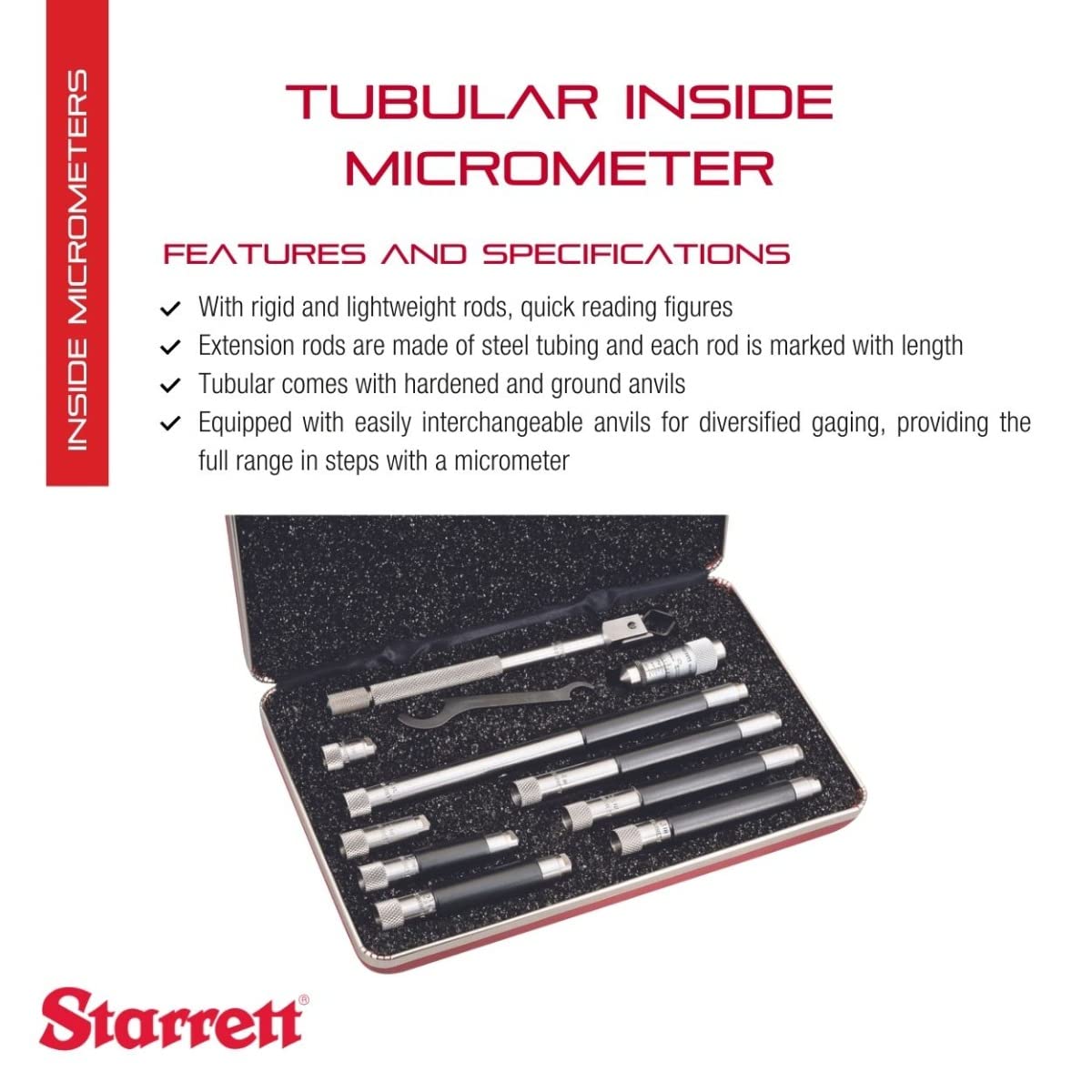 Juego Micrómetro Tubular Starrett Rojo Cifras Rápidas Yunque Endurecido Rango 1.5-12 Pulgadas Graduaciones 0.1 Pulgada