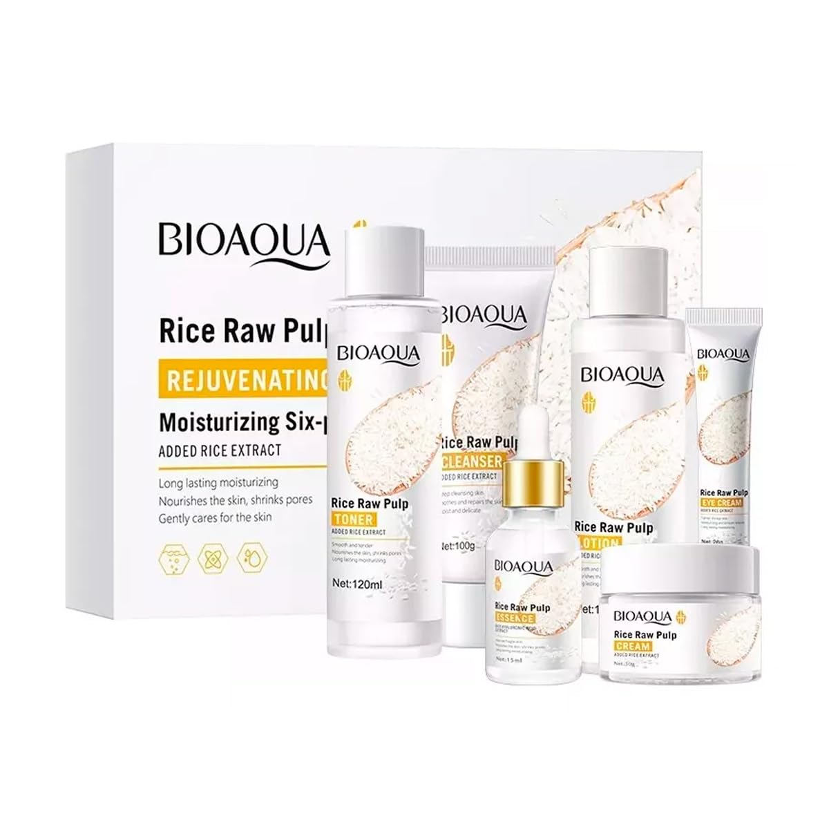 Set de Skincare Rice Raw Pulp Extracto de Arroz Humectante, Suaviza y Repara Piel Mixta para Día y Noche, Cuidado Facial Completo, 6 Unidades