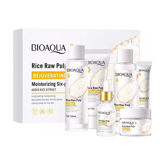 Set de Skincare Rice Raw Pulp Extracto de Arroz Humectante, Suaviza y Repara Piel Mixta para Día y Noche, Cuidado Facial Completo, 6 Unidades