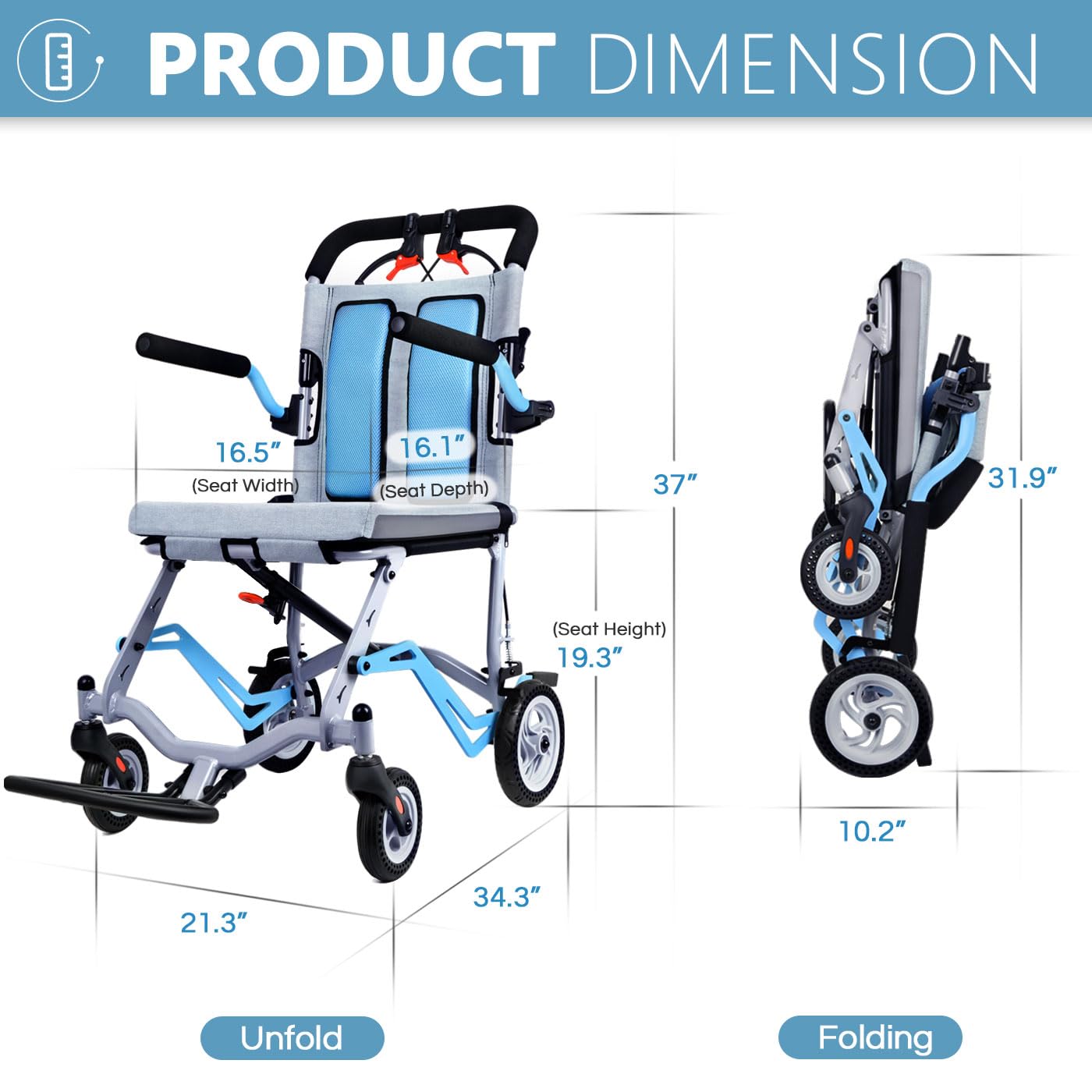 Silla de Ruedas Ultraligera de Aluminio Azul Portátil y Plegable Para Viaje