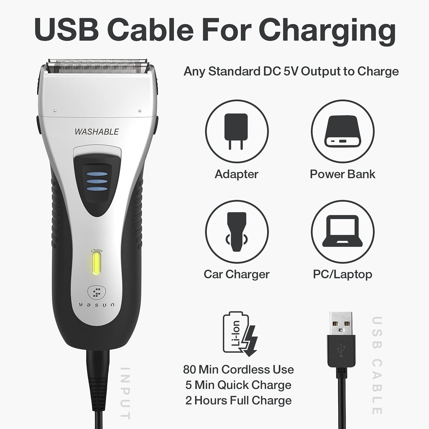 Maquinilla de afeitar eléctrica para hombres, YASUN para hombres, afeitadora eléctrica impermeable IPX7 para hombres con recortadora de barba pop-up recargable, inalámbrica YS5800 plateado y negro