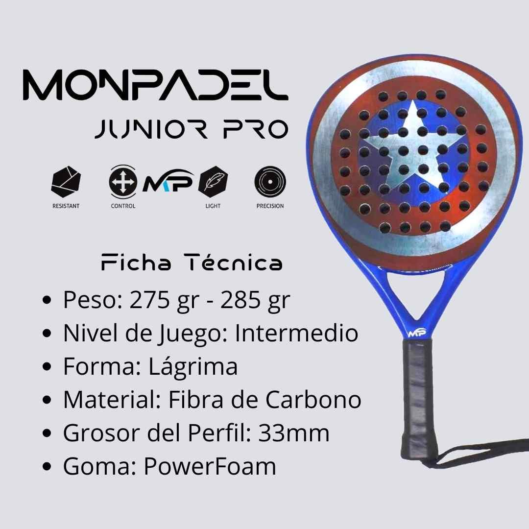 Raqueta Pala Pádel MonPadel Azul Eva Soft Carbon para Niño Junior Pro