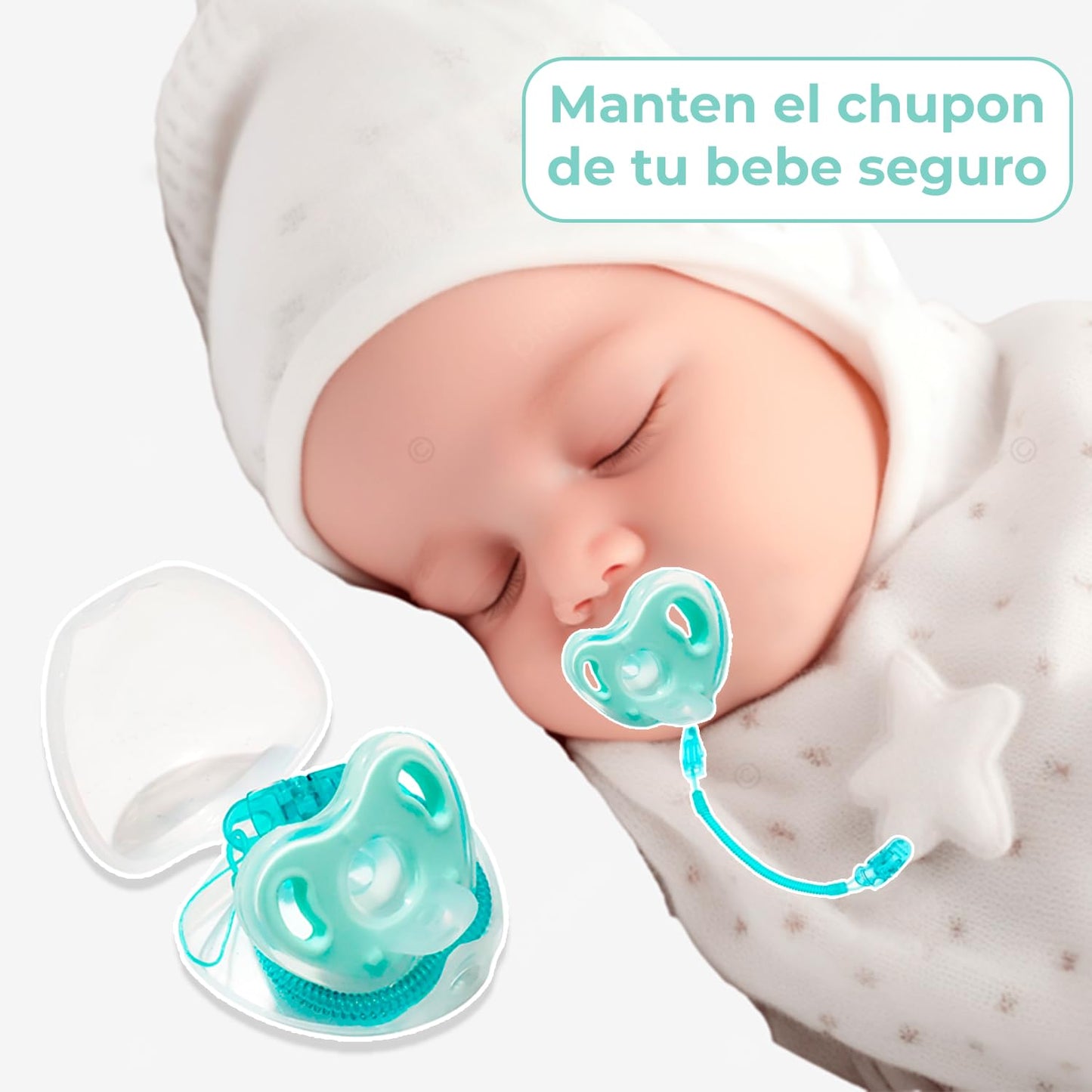 Chupón flexible de silicon con estuche de viaje antibacterias y clip sujetador, 0m+ (verde)