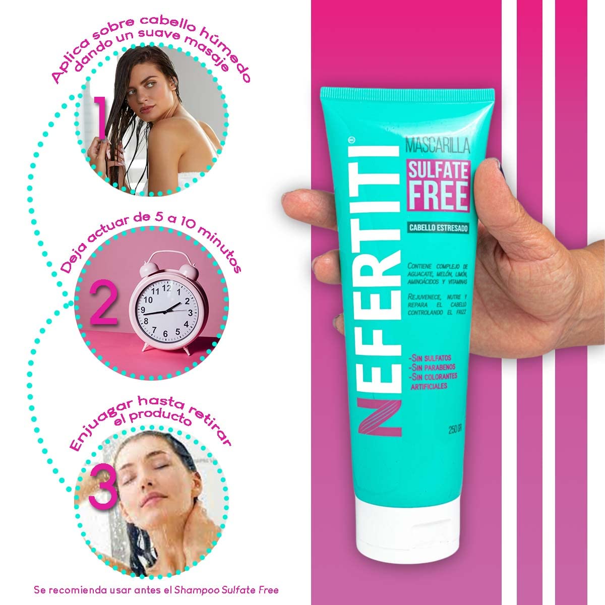 Kit para Cabello Dañado Estresado Shampoo Sin Parabenos y Mascarilla Sulfate Free Nefertiti, Fortalece, Revitaliza y da Mas Brillo al Cabello Débil y/o Maltratado