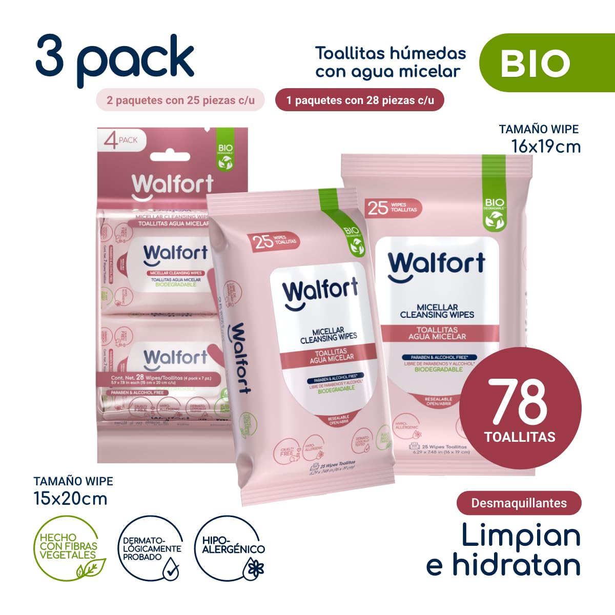 Walfort | Toallas Desmaquillantes con Agua Micelar, Limpieza Facial 3 en 1: Limpian, Desmaquillan e Hidratan (3, 4 Pack + 2 (25 pzs))