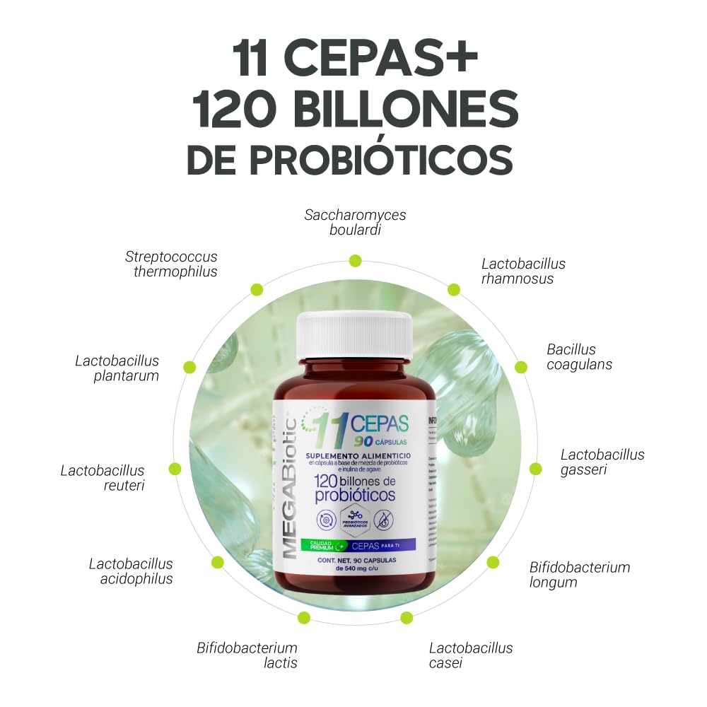 Suplemento Alimenticio MegaBiotic con Probióticos y Prebióticos 120 Billones 11 Cepas e Inulina de Agave