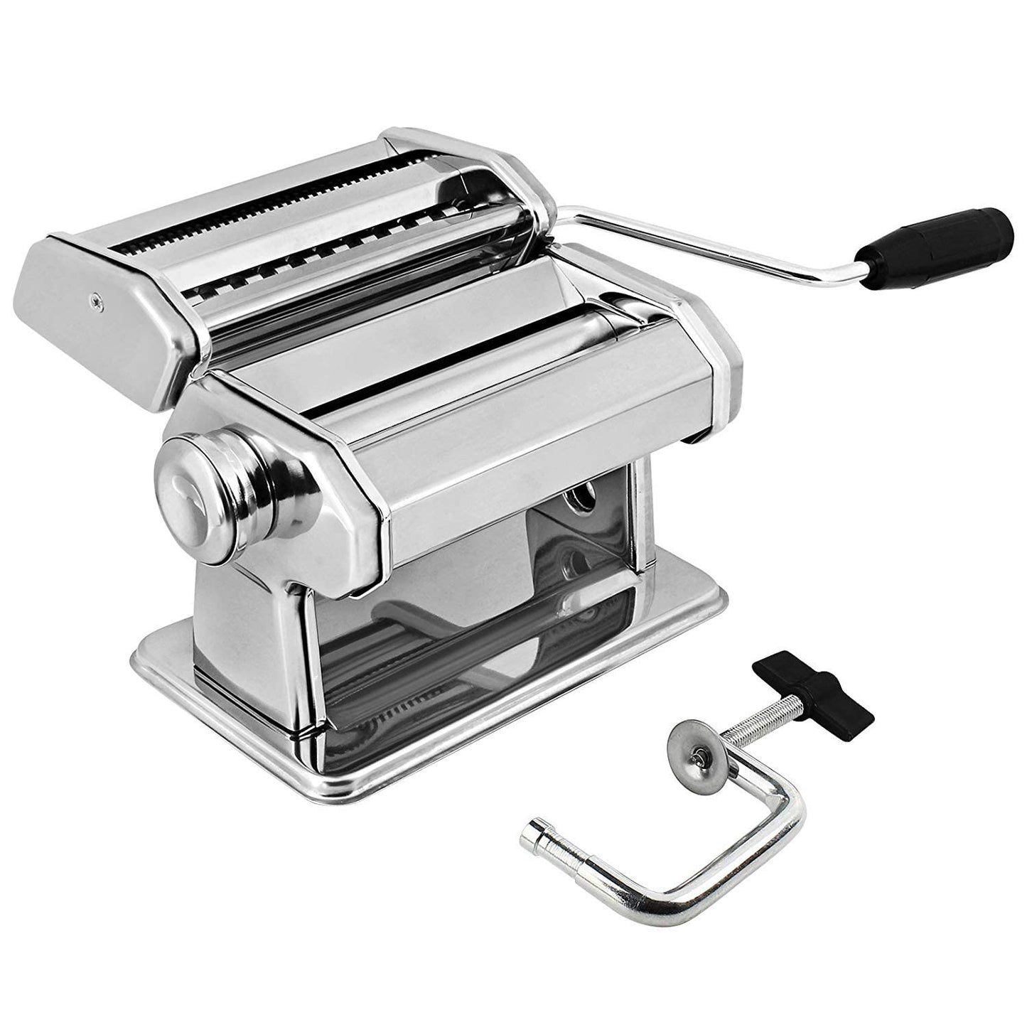Máquina para hacer pasta manual GOURMEX de acero inoxidable con ajustes de grosor, perfecta para espaguetis y fettuccini caseros profesionales. Incluye mango y abrazadera extraíbles (Plata)