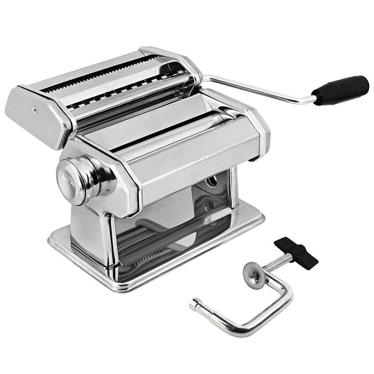 Máquina para hacer pasta manual GOURMEX de acero inoxidable con ajustes de grosor, perfecta para espaguetis y fettuccini caseros profesionales. Incluye mango y abrazadera extraíbles (Plata)