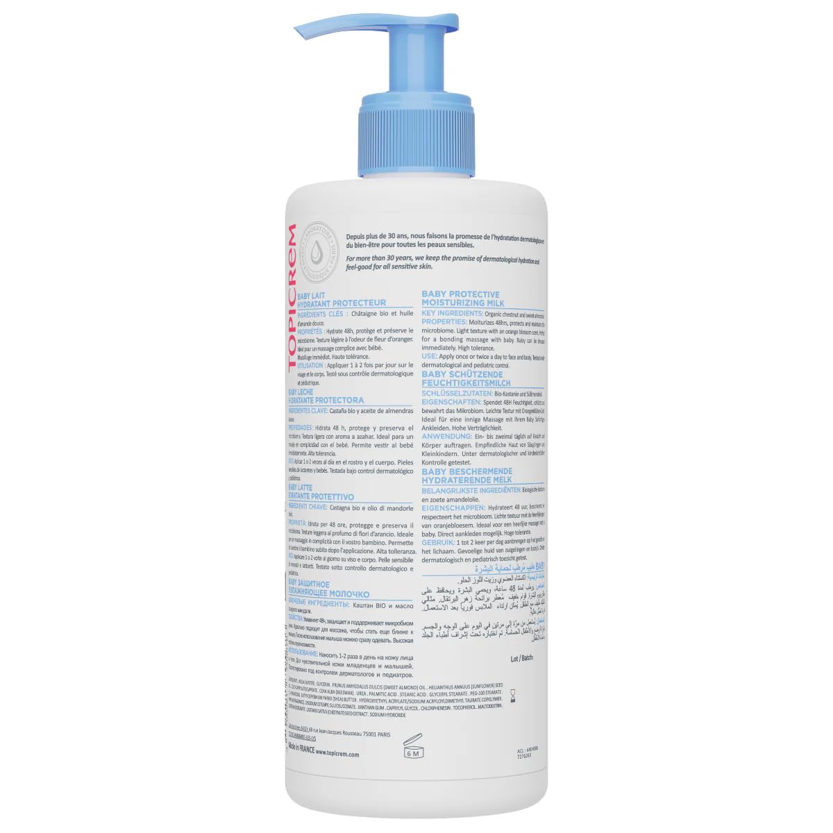 Topicrem - Baby, leche hidratante protectora para bebés, cara y cuerpo, hidratación de 48 horas, nutre, protege la piel, textura untuosa, fragancia delicada, piel sensible, fabricación francesa, 500ml
