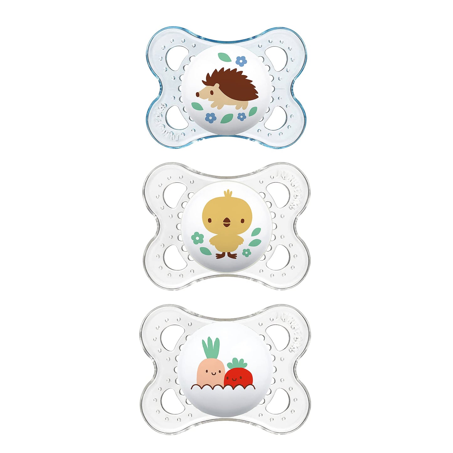 MAM Chupete original para bebé, forma de pezón que ayuda a promover un desarrollo bucal saludable, escudo curvado para proteger la piel, transparente/niño, 0-6 (paquete de 3)