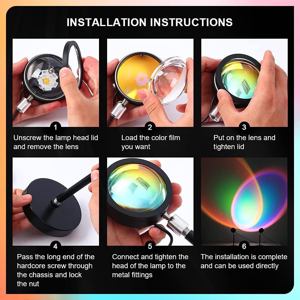 Lámpara de puesta de sol, proyector de luz arcoíris de rotación de 360 grados, lámpara de proyección nocturna para selfie/fotografía/decoración del hogar/dormitorio/sala de estar