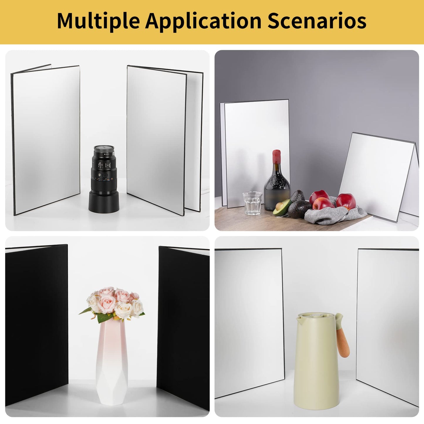 Meking 3 en 1 reflector de fotografía de cartón, tablero difusor de luz plegable de 43.18 x 30.48 cm para bodegones, fotos de productos y alimentos, negro, plateado y blanco, 2 paquetes