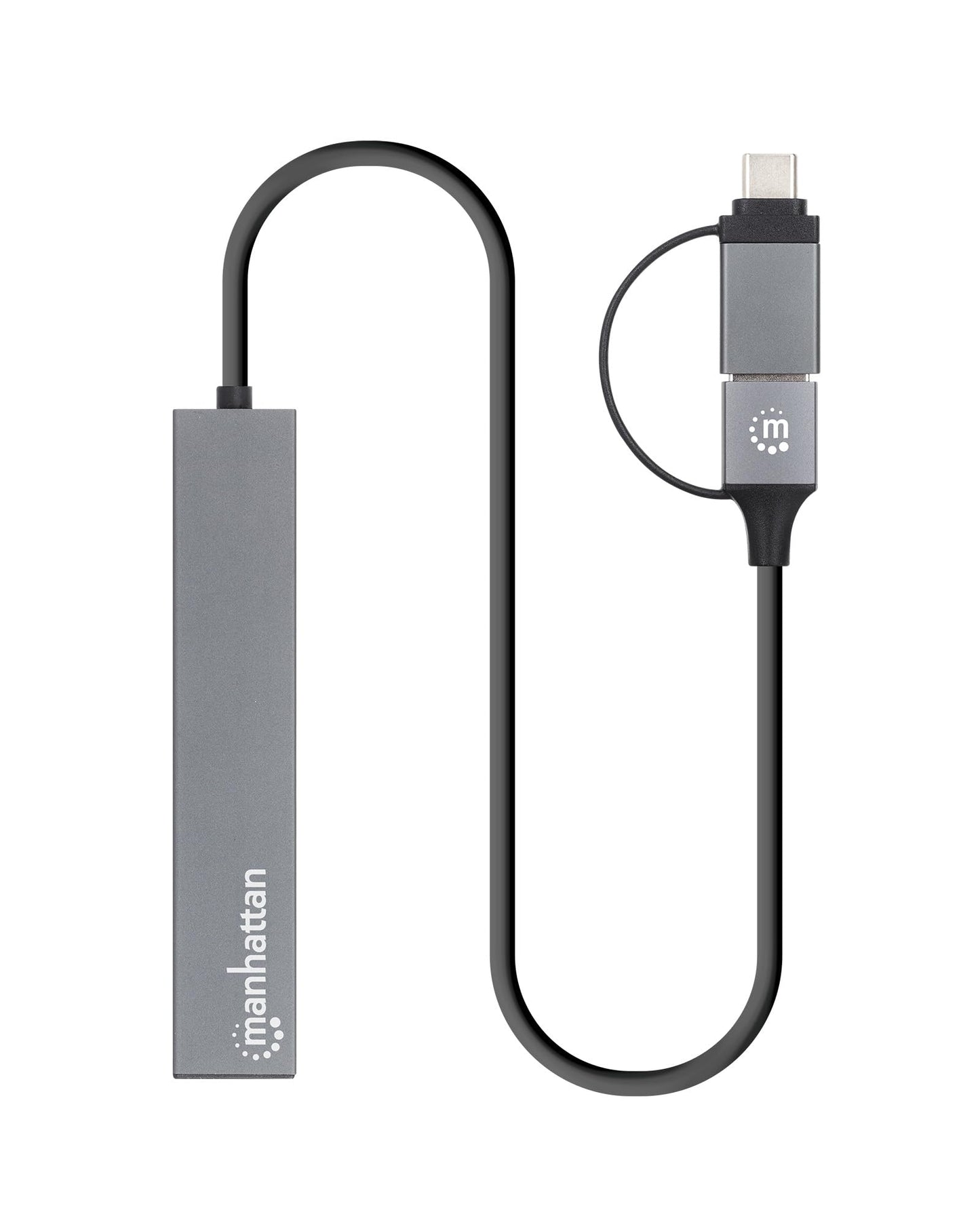 MANHATTAN Hub USB 181006 con 4 Puertos USB 3.2 Gen 1, con Conector Adaptable de USB-A a USB-C, SuperVelocidad de 5 Gbps, Alimentación por Bus, Fabricado en Aluminio, Gris Espacial