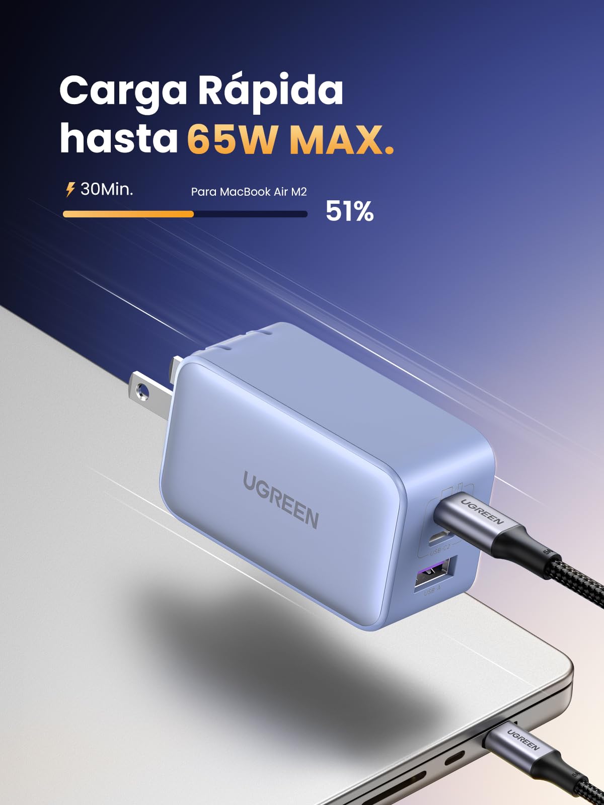 Cargador USB C UGREEN Nexode 65W Blanco Con 3 Puertos GAN Plegable y Portátil para Viajar