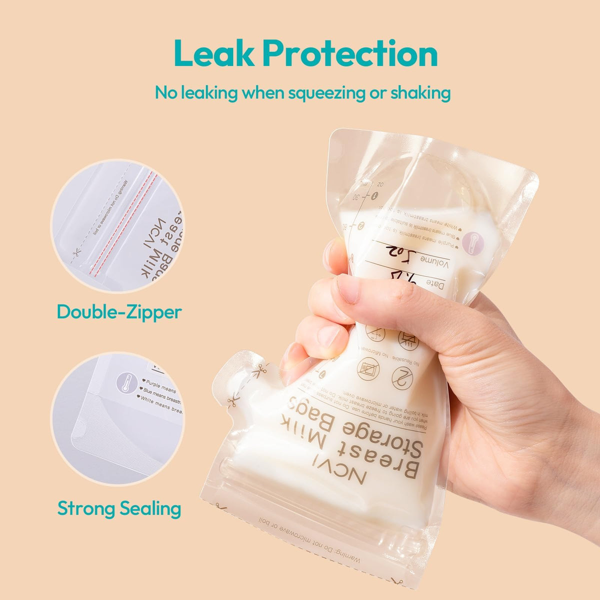 NCVI Bolsas de almacenamiento de leche materna, bolsas de almacenamiento de leche de 180 unidades para lactancia materna, bolsas de almacenamiento de congelador de leche materna de 7 onzas con sensor de temperatura, pre-Sterilizadas, autónomas, boquilla d