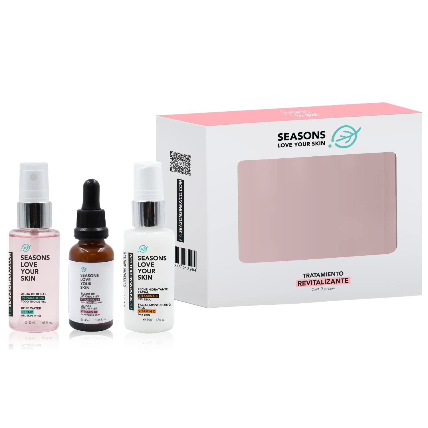 Kit Skincare Tratamiento Facial Revitalizante Seasons | Tónico Agua de Rosas + Serum Facial Jojoba + Hidratante Vitamina C