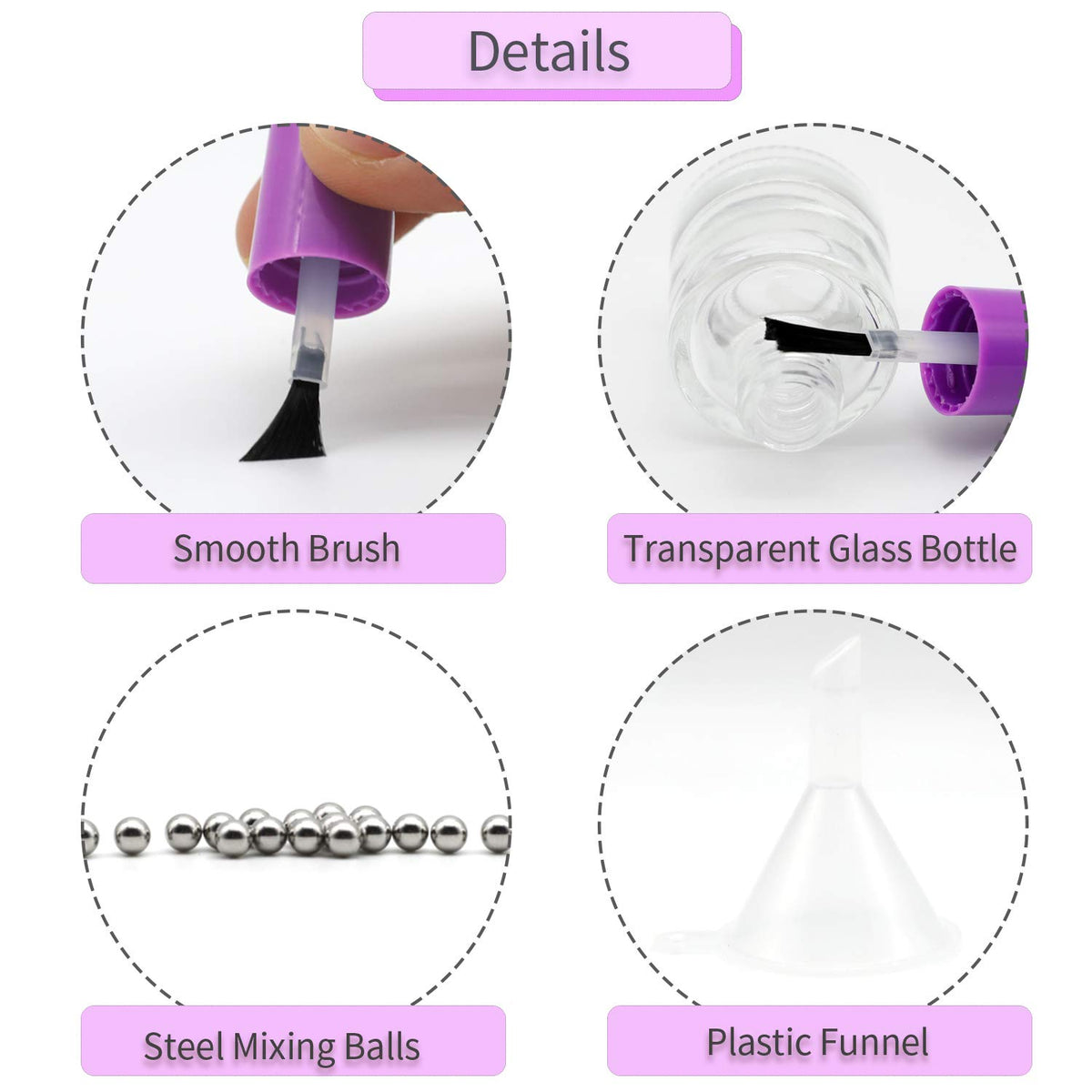 GTHER 20 Botellas Vacías de Esmalte de Uñas de 8 ml, Botellas Recargables de Vidrio Transparente con Tapa de Cepillo, Embudo y Bolas de Mezcla para Arte de Uñas, Morado