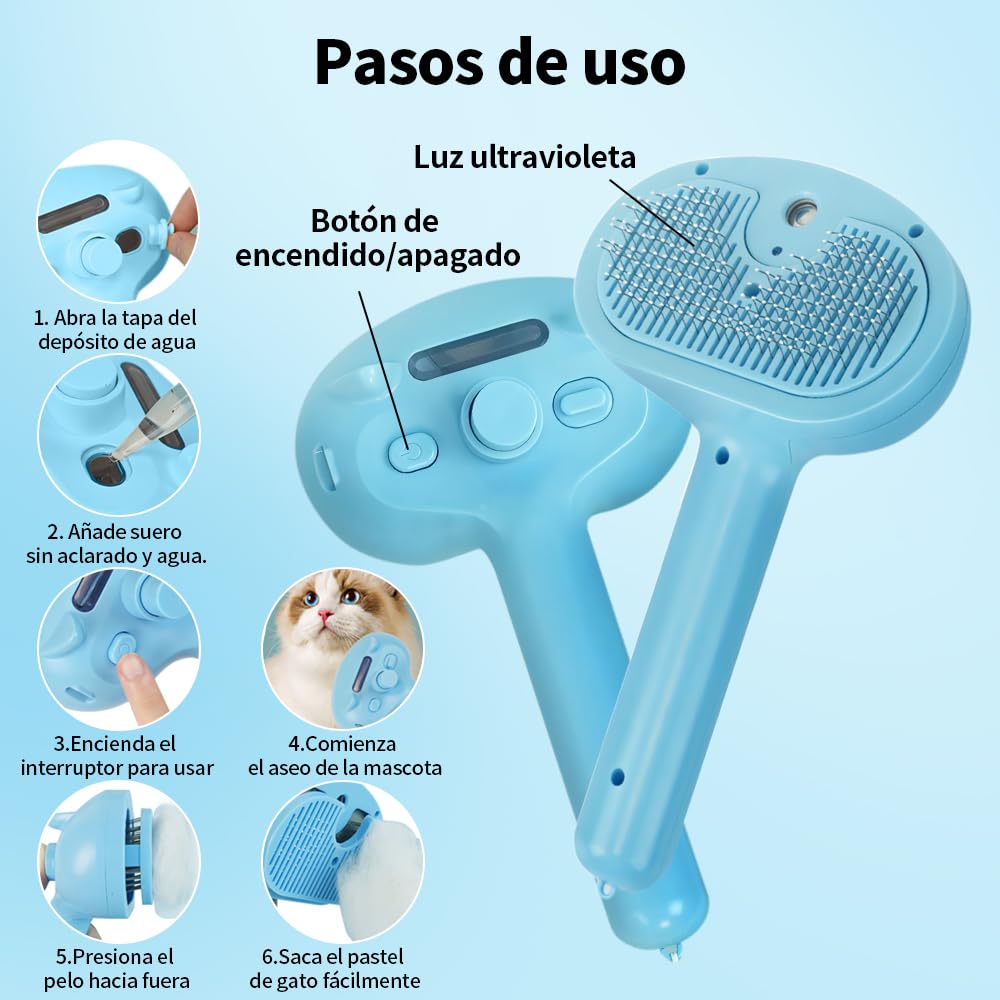 JESWO 2 en 1 Cepillo Eléctrico para Gato/Perro con Nano Vapor + Luz Azul Antibacteriana, Peine para Perro Auto Limpieza, para Depilación, Masaje y Peinado de Mascotas