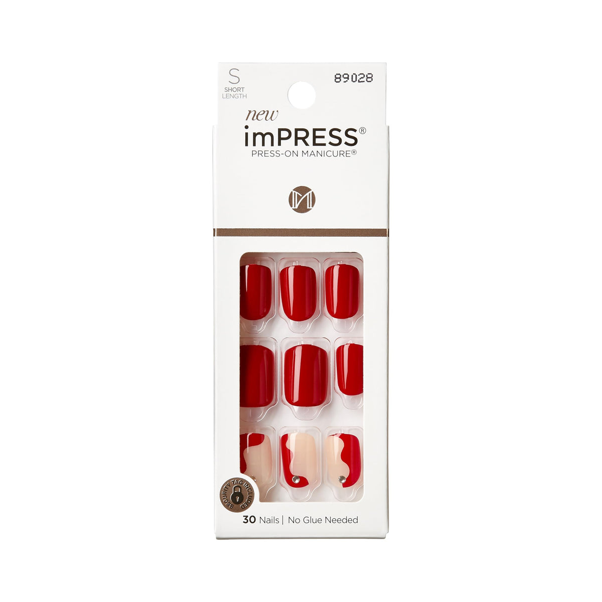 Uñas postizas sin pegamento KISS, diseño 'Adore You', rojo, tamaño corto, forma ovalada, incluye 30 uñas, almohadilla de preparación, hoja de instrucciones, 1 palito de manicura, 1 lima pequeña