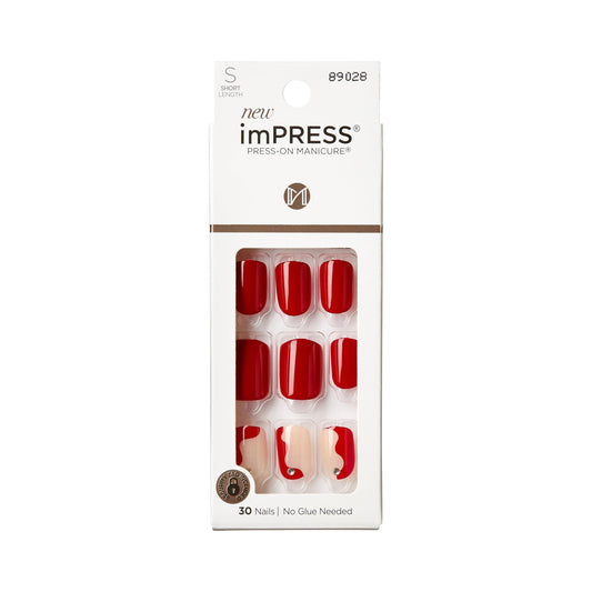 Uñas postizas sin pegamento KISS, diseño 'Adore You', rojo, tamaño corto, forma ovalada, incluye 30 uñas, almohadilla de preparación, hoja de instrucciones, 1 palito de manicura, 1 lima pequeña