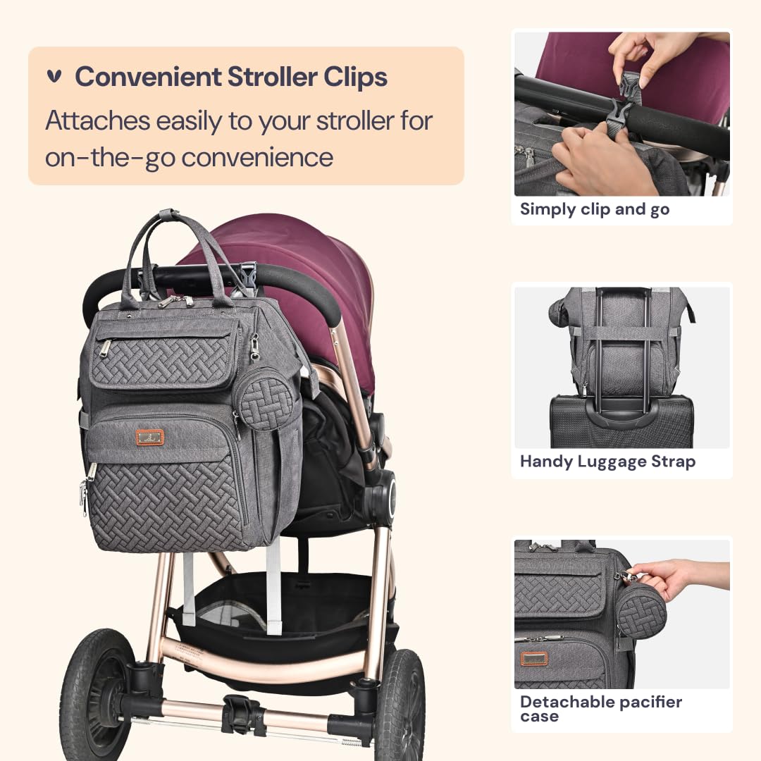 BabbleRoo Mochila para pañales, bolsas grandes multifunción con cambiador, correas de carriola y funda para chupete, unisex, elegante, bolsa para cambiar pañales para mamás y papás (gris oscuro)