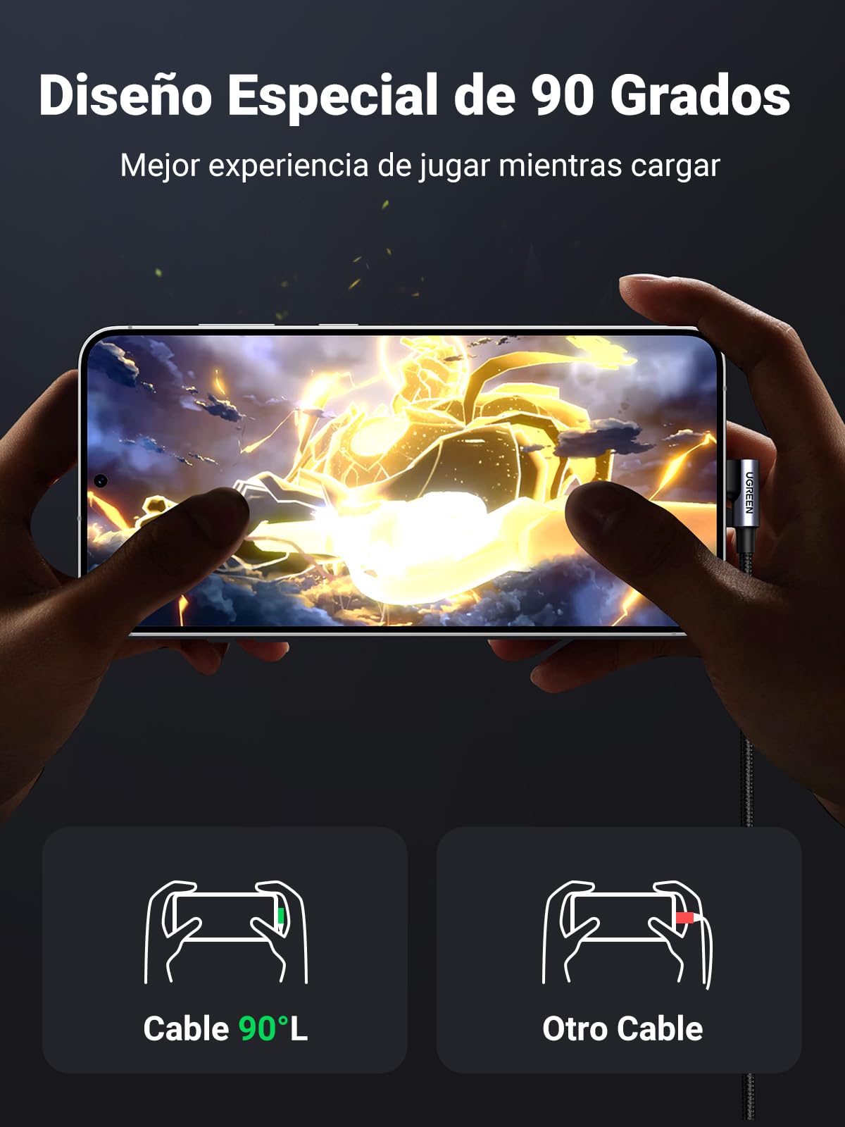 Cable USB Tipo C UGREEN 3M Negro Nylon Trenzado Carga Rápida para iPhone y Galaxy