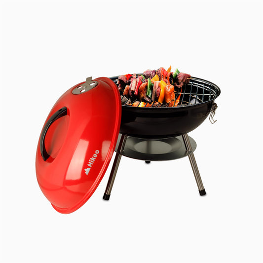 HIKEO Asador de Carbón Portátil 36 cm de Diámetro con Tapa, Parrilla para Carne Asada para Jardín, Camping, Picnic, Patio, Parrillada o Playa, Mini Grill de Acero para Exteriores, Fácil de Limpiar