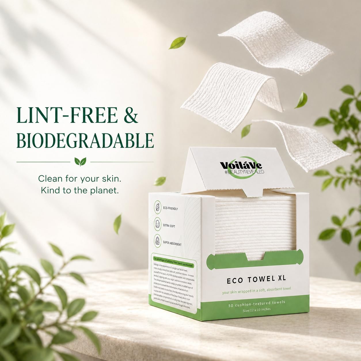 VoilaVe Toallitas Faciales Desechables - 100% Algodón, Biodegradables, Desmaquillantes, Paños Faciales Ultrasuaves Que No Sueltan Pelusa | Toallitas Ecológicas Clínicamente Probadas para Pieles Sensib